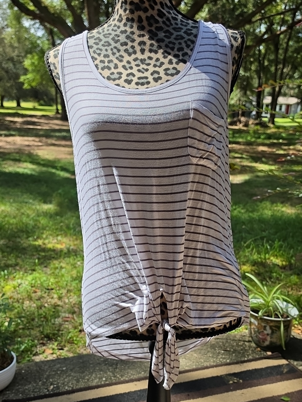 Rebellious One Light Gray & Black Striped Tie-Front Tank Top
